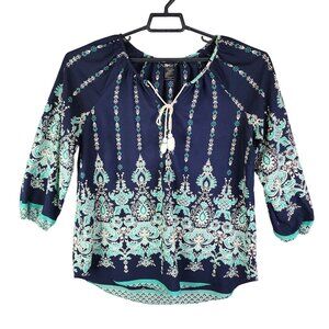 Wrangler Women's Navy & Teal Rock 47 Boho Print Top Blouse V Neck Tie XLT